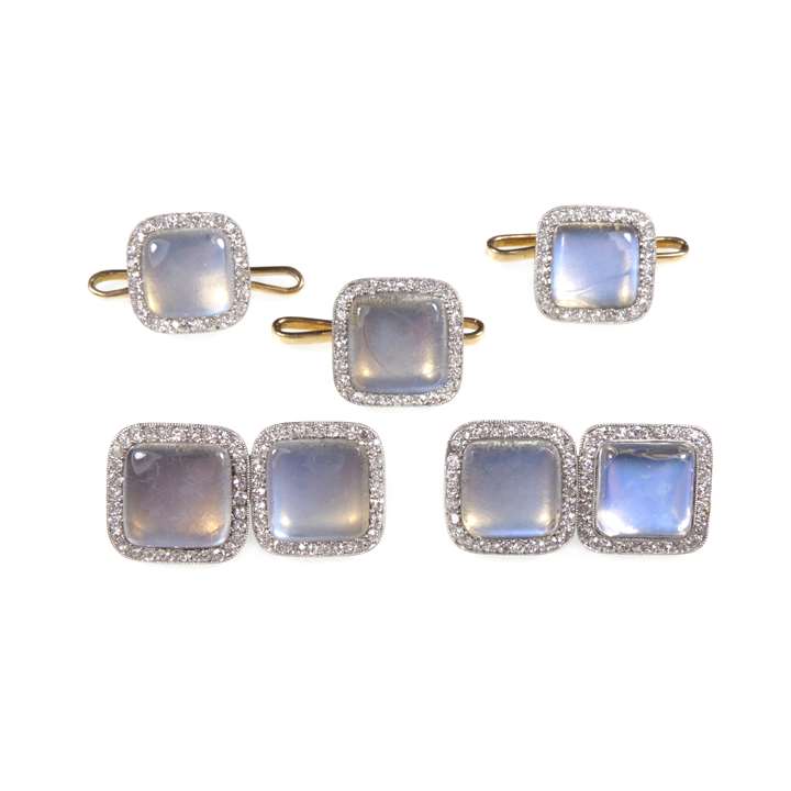 Moonstone and diamond cushion panel gentleman's dress set comprising a pair of cufflinks and three buttons